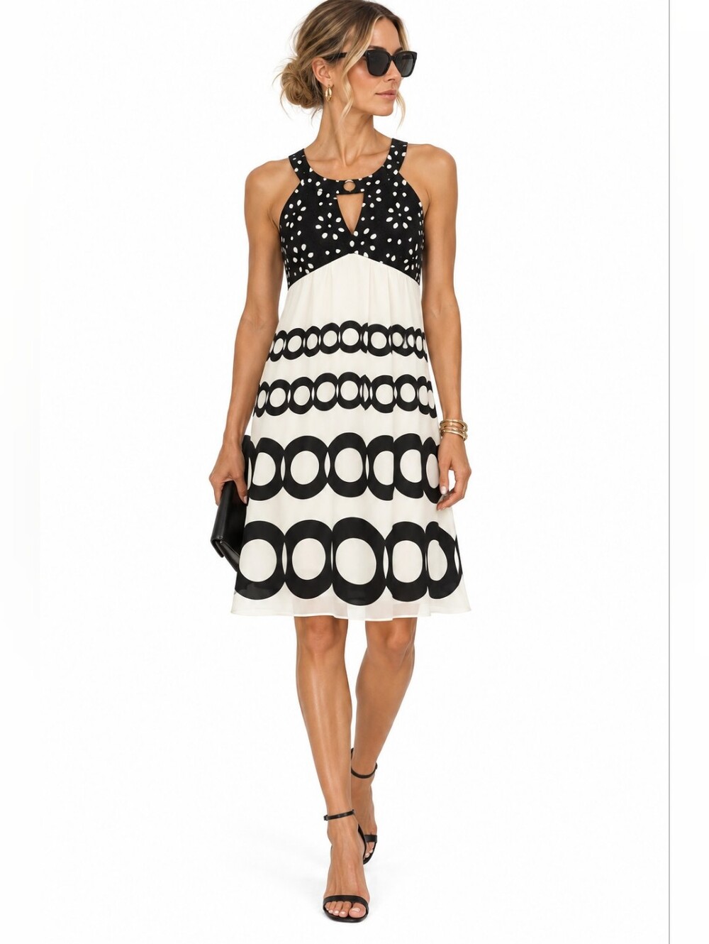 Jax Halter Style Black and Cream  Eyelet Midi Statement Dress